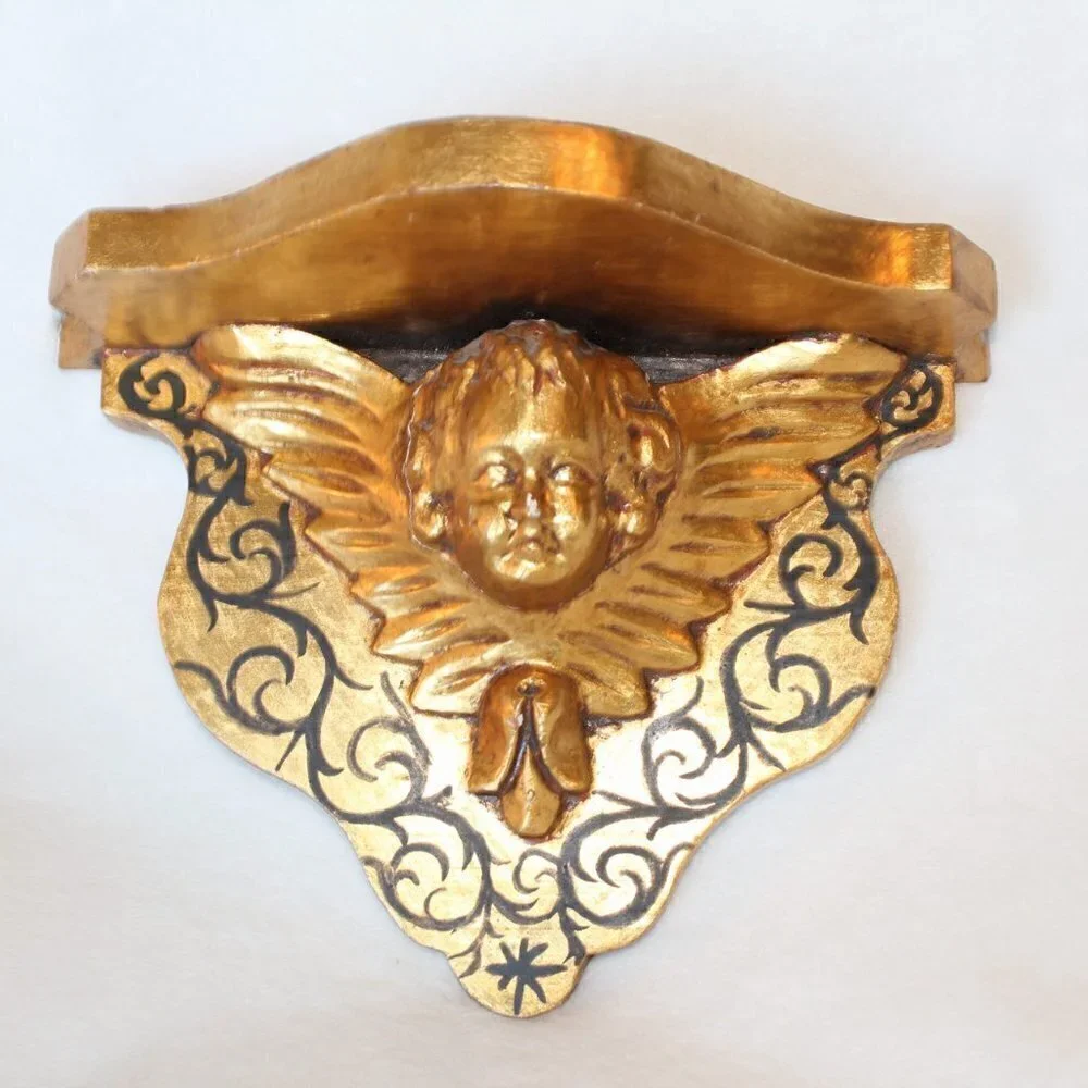 Antique vintage wood carved gilded Putti brackets Cherub Baroque golden flaws